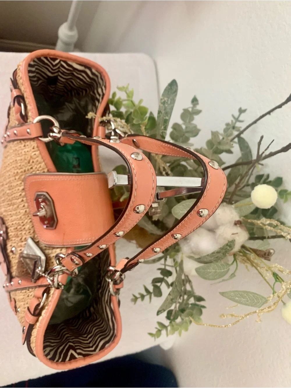 Coach Hamptons Woven Straw Coral Appliqué/Floral Embellished Shoulder/Tote Bag